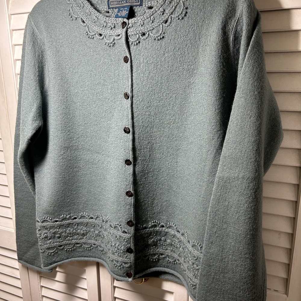 Herman Geist Cardigan with Embroidered/Crewel Details Size Large 100% Wool